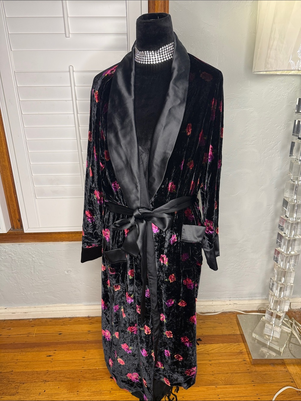 Victoria's Secret Black Velvet Floral Smoking Robe with Pink Accents